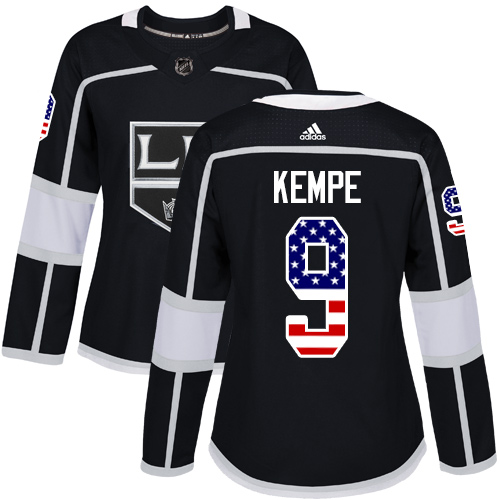Adidas Kings #9 Adrian Kempe Black Home Authentic USA Flag Women's Stitched NHL Jersey